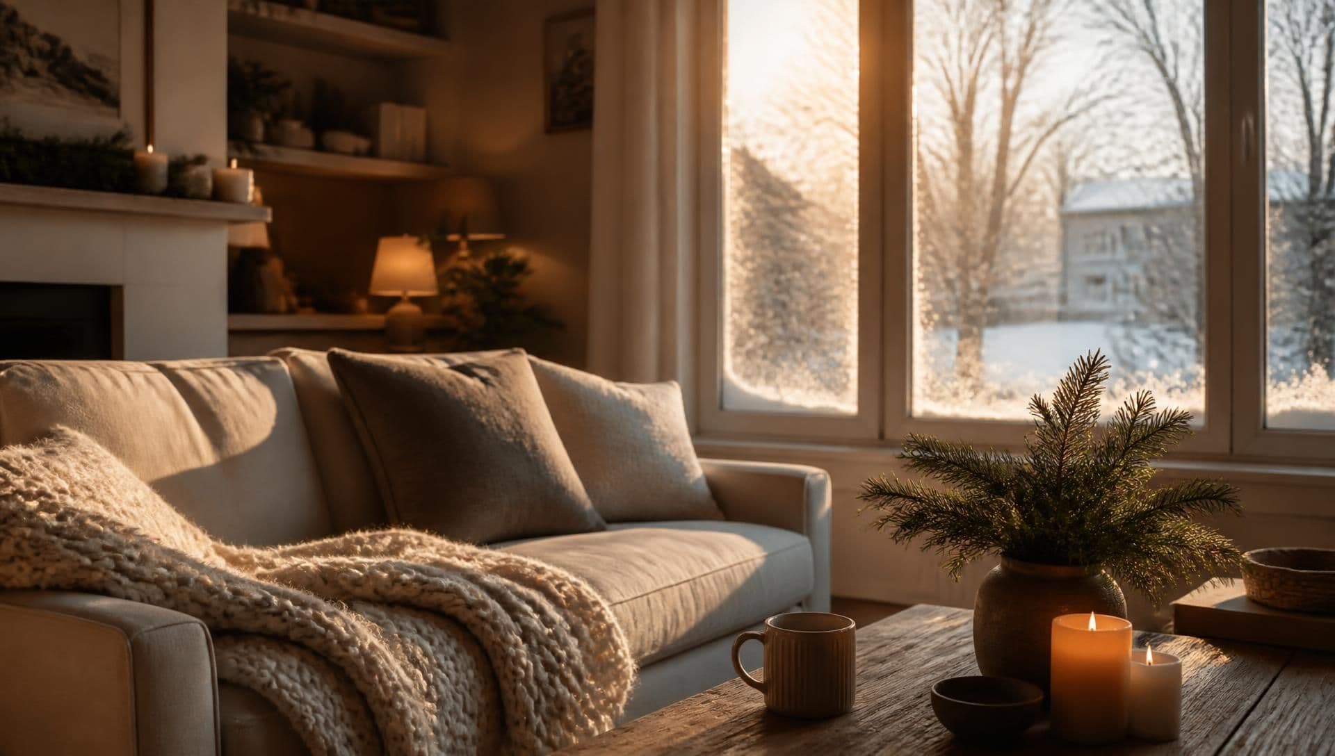 A living room in winter with sunlight coming through the window and snow outside