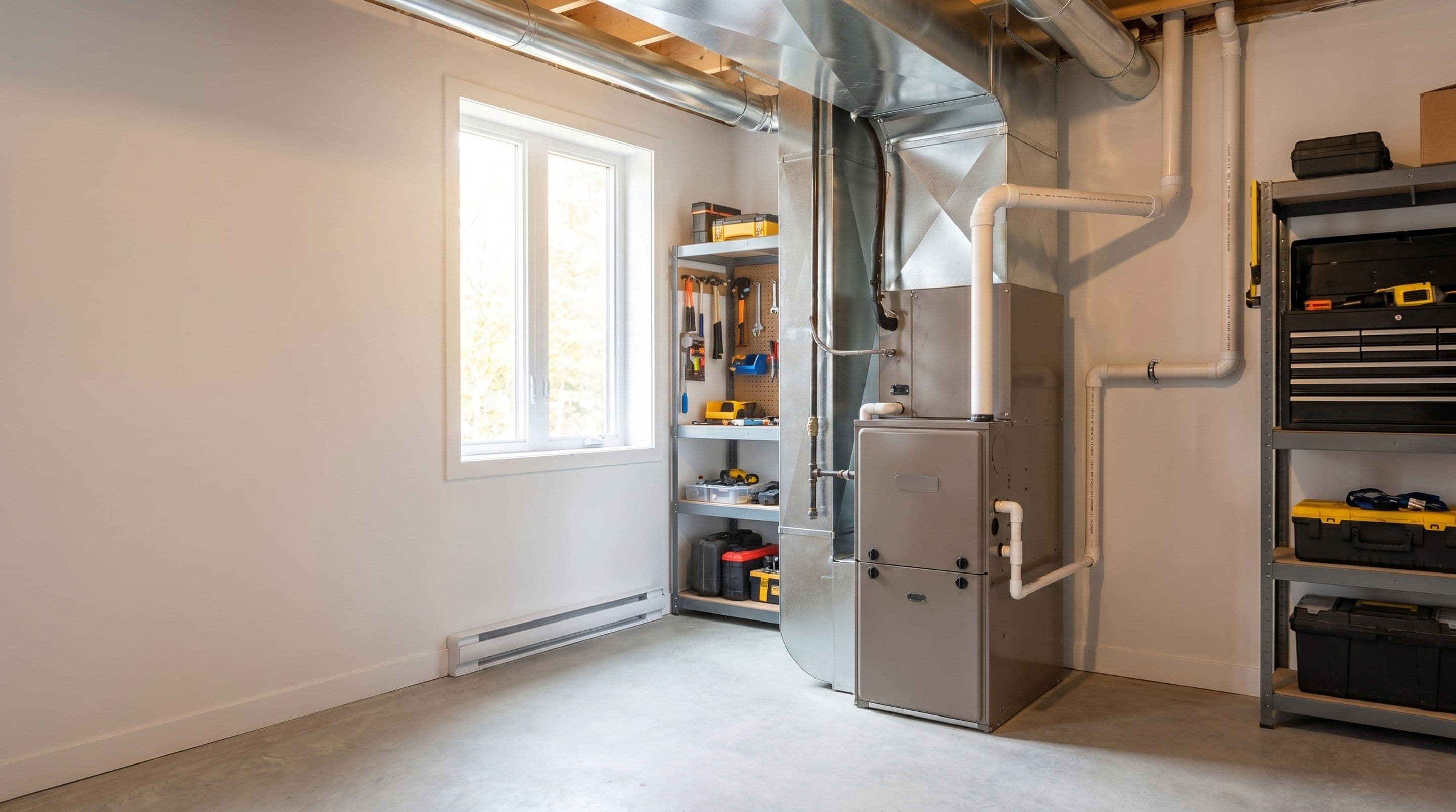 A furnace and ductwork in a clean, well-lit basement utility room