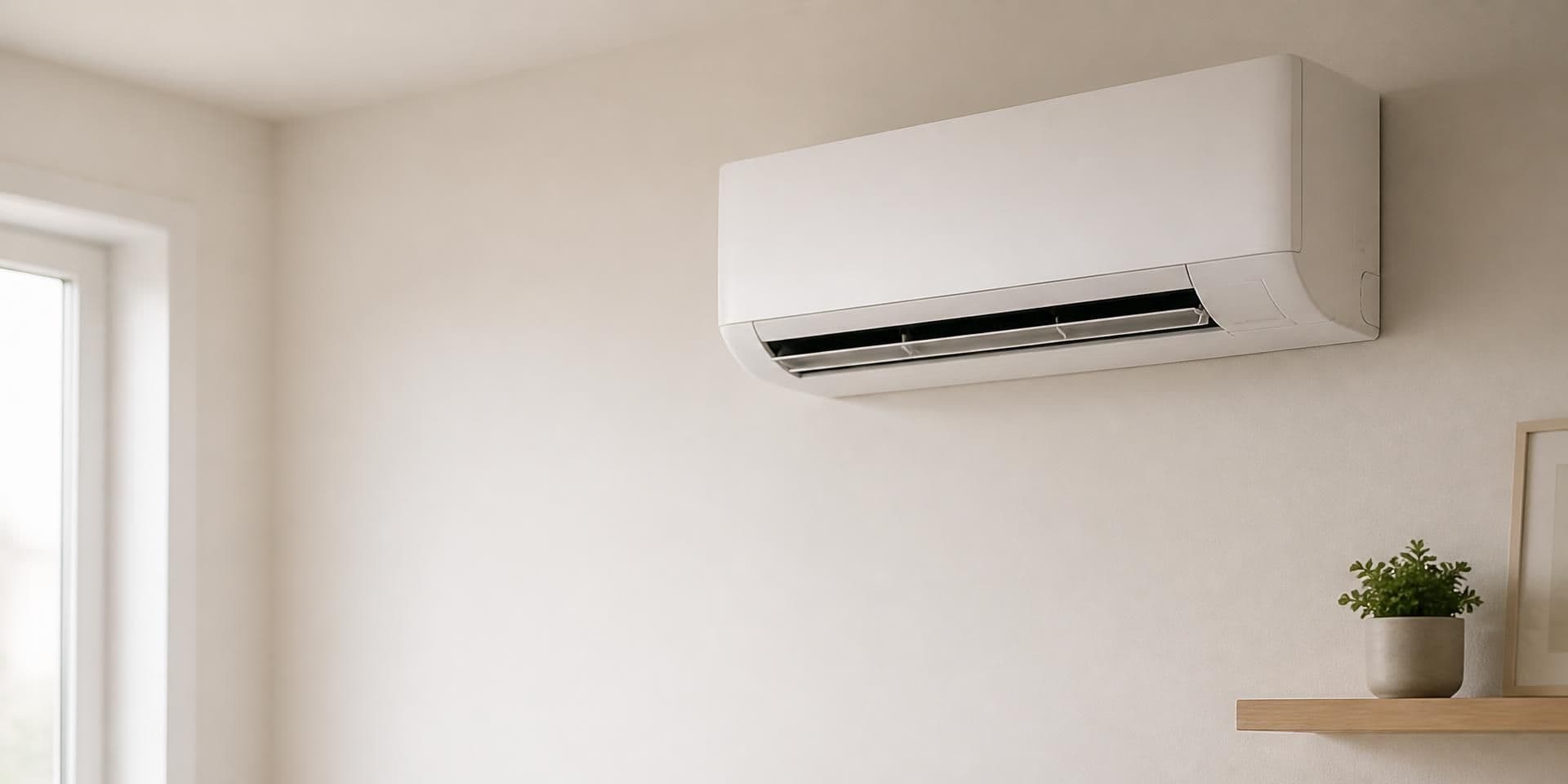 Une thermopompe murale blanche installée sur un mur intérieur épuré