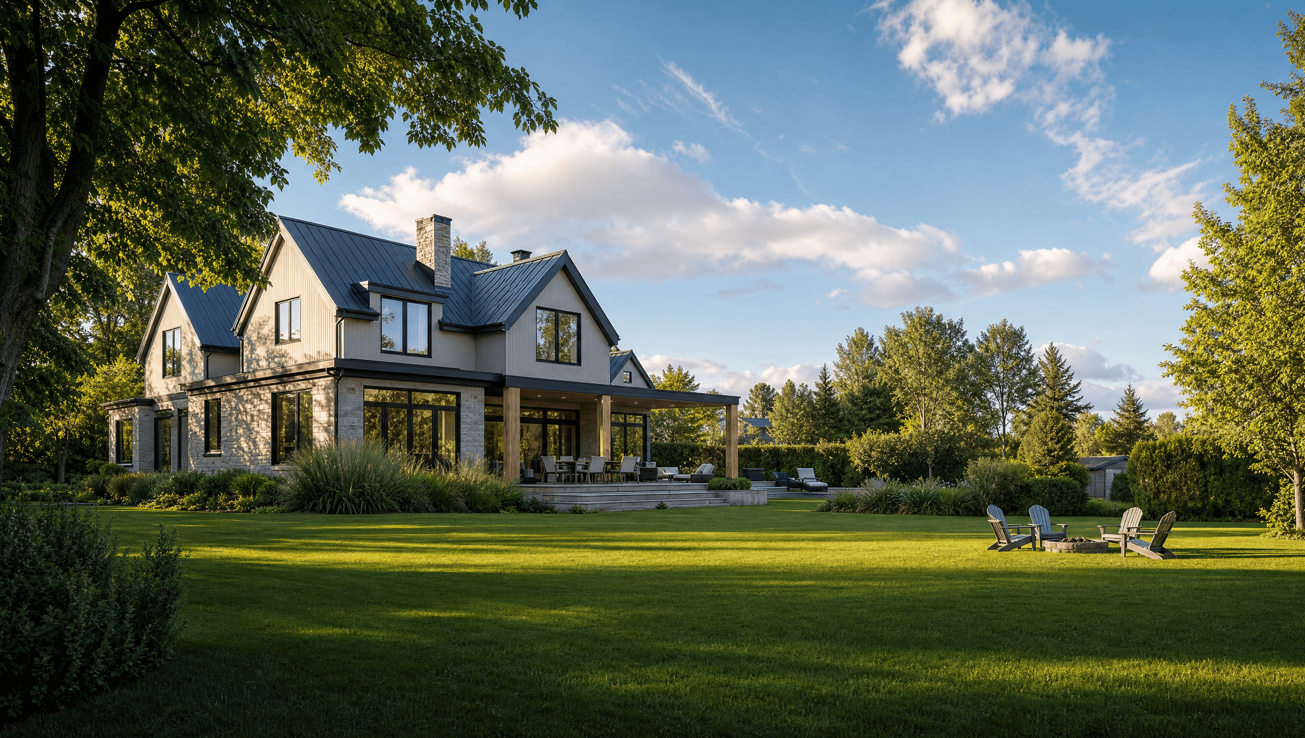 A detached house with a large lawn, the kind of lot a geothermal ground loop suits