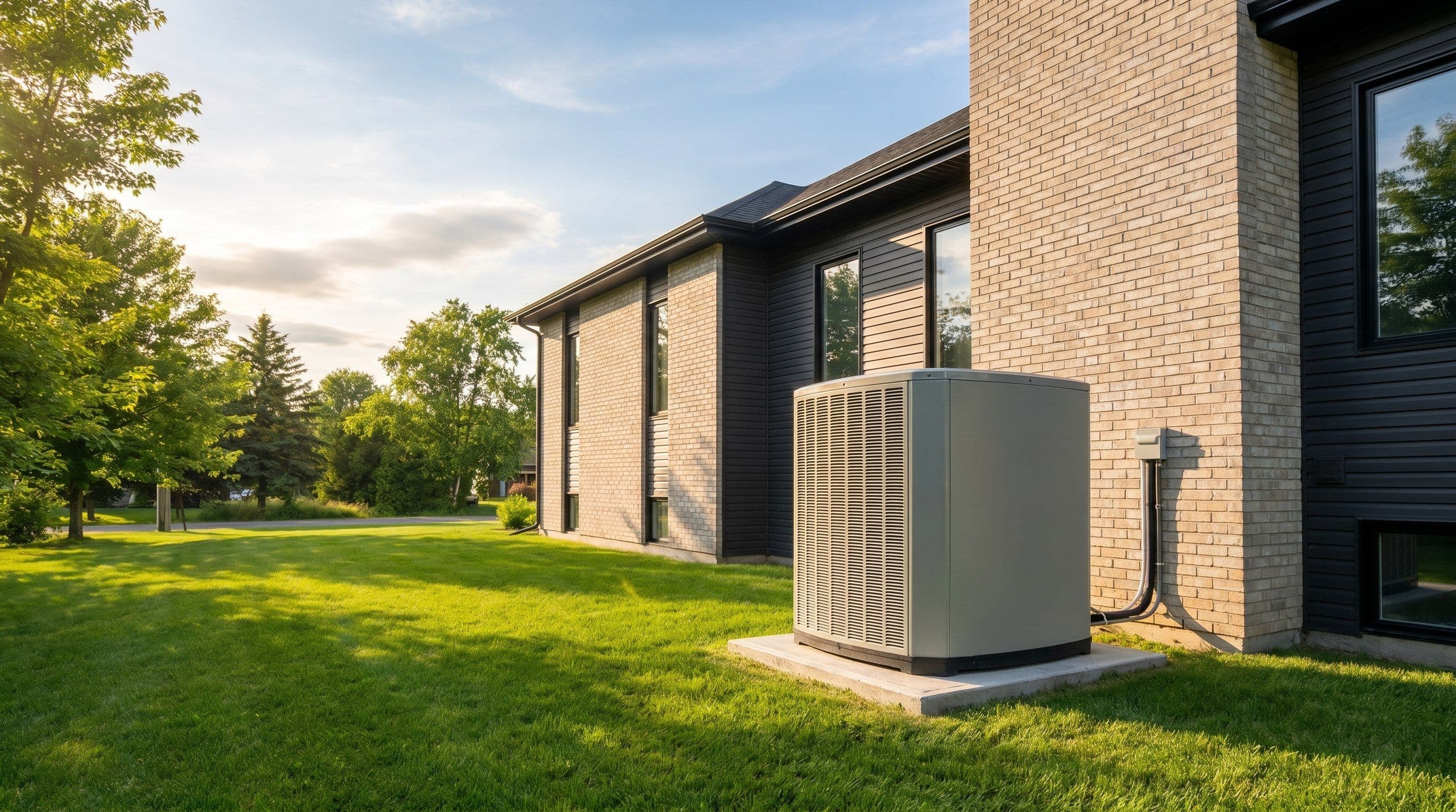 A central air conditioning outdoor unit beside a house on a summer day