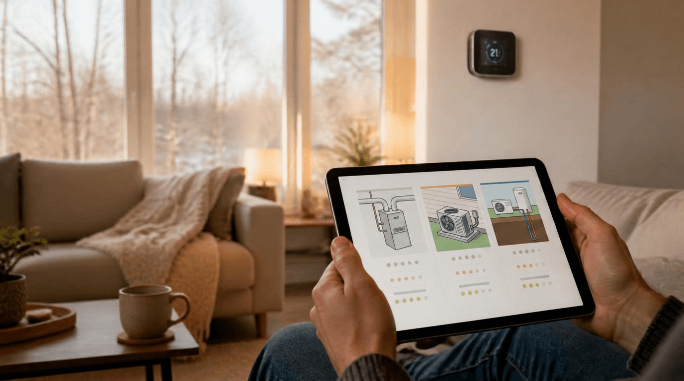 A homeowner comparing heating system options on a tablet in a living room, snow outside the window