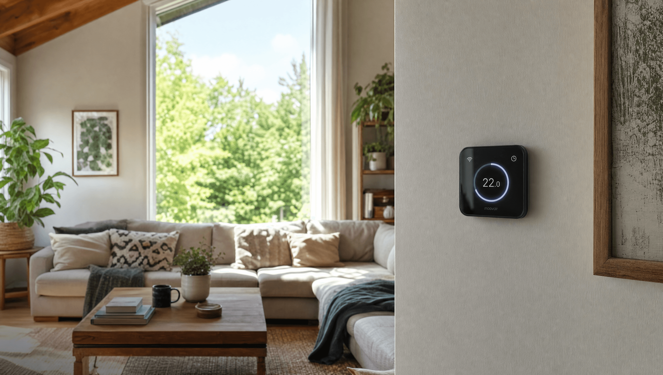 A programmable thermostat on the wall of a bright living room with a large window