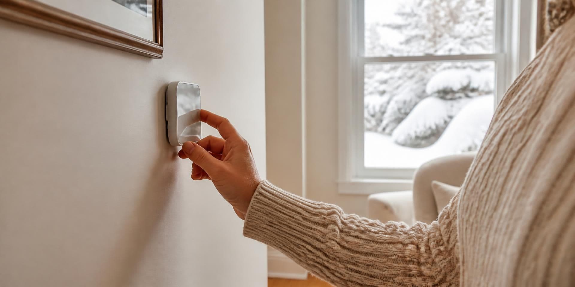 A person in a knit sweater adjusting a wall thermostat in a warm living room, with snow on the trees outside the window
