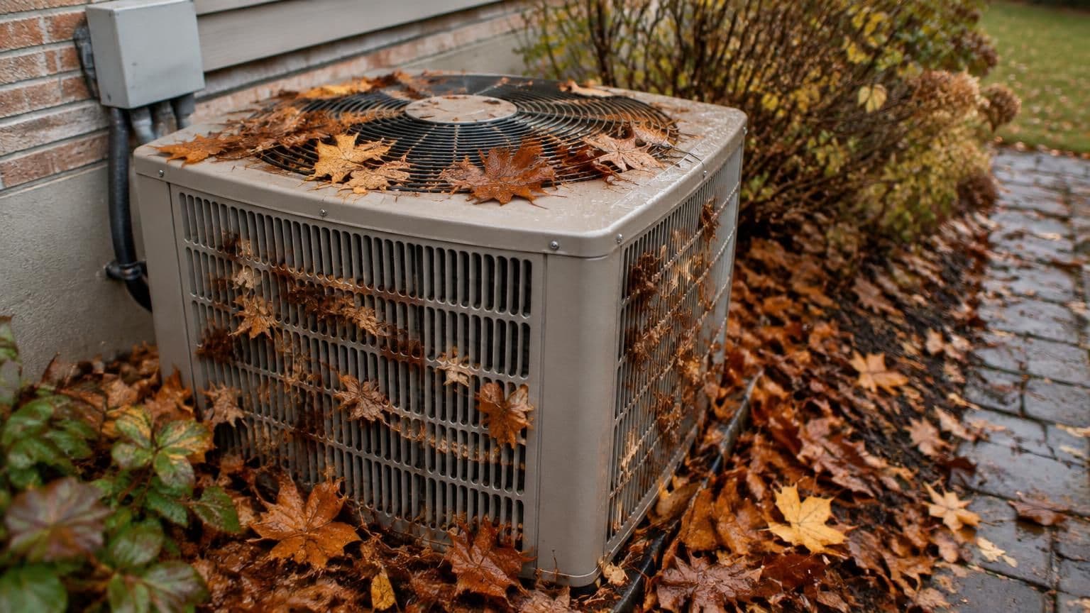 An outdoor condenser unit beside a house in autumn, its top grille and side fins covered with fallen maple leaves