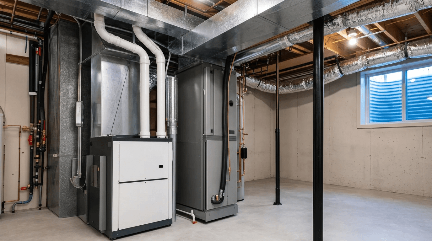 A high-efficiency furnace and an air handler standing side by side in a residential basement mechanical room