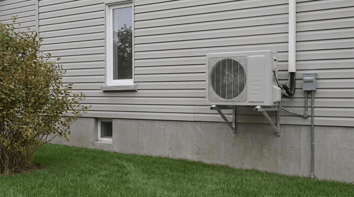 A central heat pump outdoor unit mounted on a steel bracket, clear of the ground, beside a house
