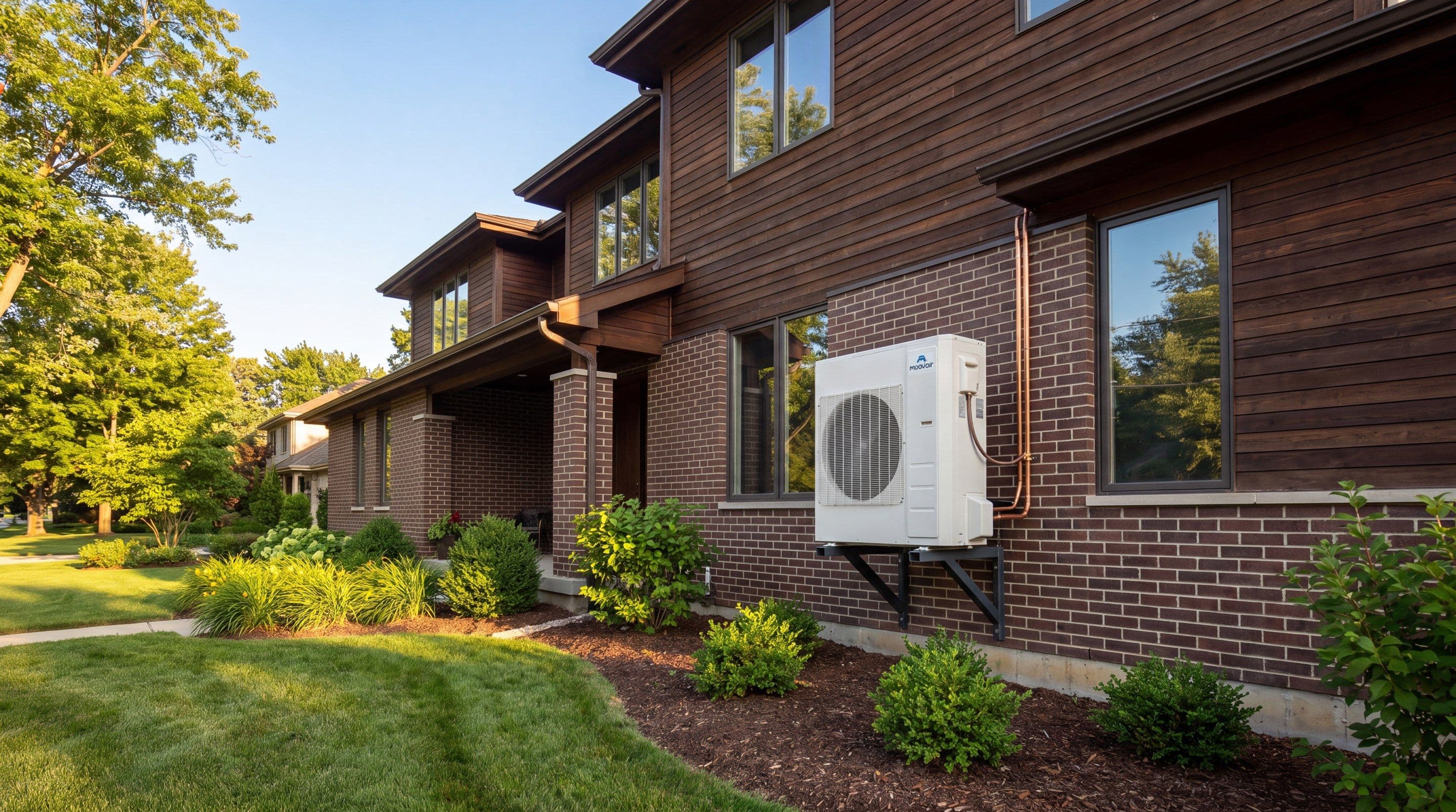 A wall-mounted heat pump outdoor unit beside a brick home